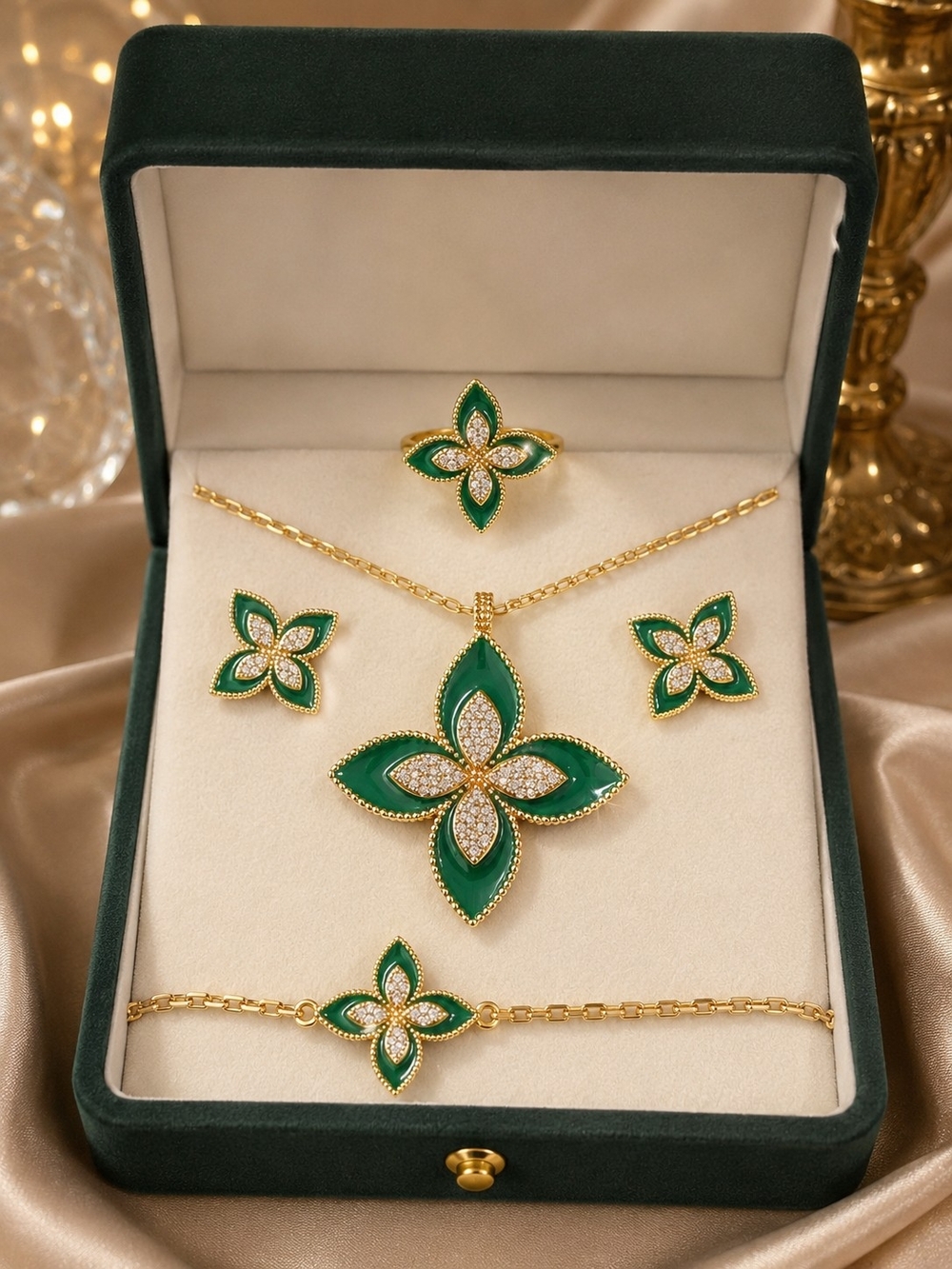 Elegant Green Clover Jewelry Set  4 Pcs. – Stainless Steel & Cubic Zirconia